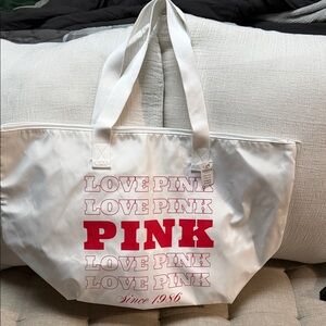 PINK Victoria's Secret White Tote with Red Logo Text